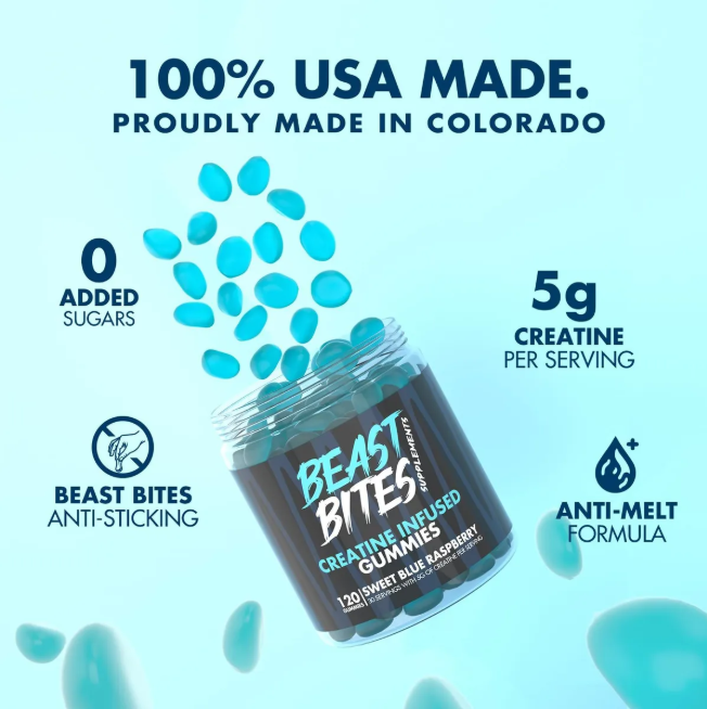 ✅ Por qué Beast Bites es la mejor opción
5 g de Creatina Monohidratada por porción, respaldada por los estándares de Creapure® (98% de pureza, NSF y FDA registrada).

Sin azúcar, bajas calorías, sin gluten ni colores artificiales; aptas para dietas veganas y Halal.

Hechas en EE.UU. bajo estrictos controles de calidad, garantizando pureza y eficacia.

Convenientes y portátiles: olvídate de polvos incómodos; solo mastica y disfruta—sin agua, sin involucrar shaker bag.